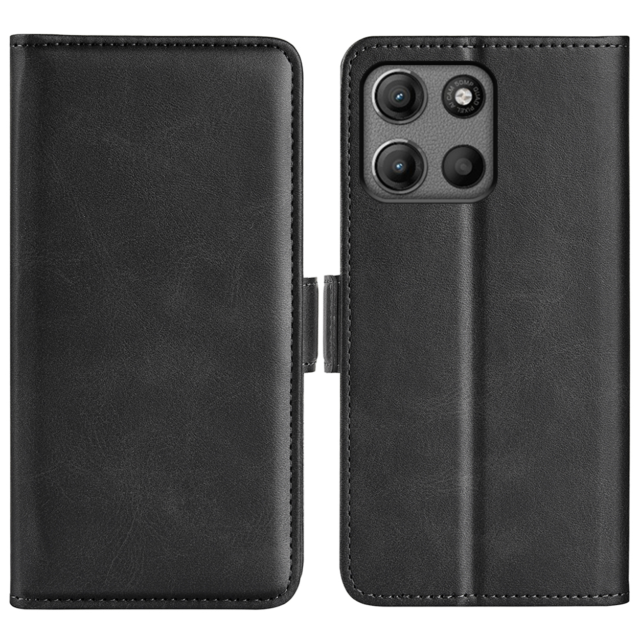 Un étui de téléphone rose est ouvert pour montrer un téléphone et une main.