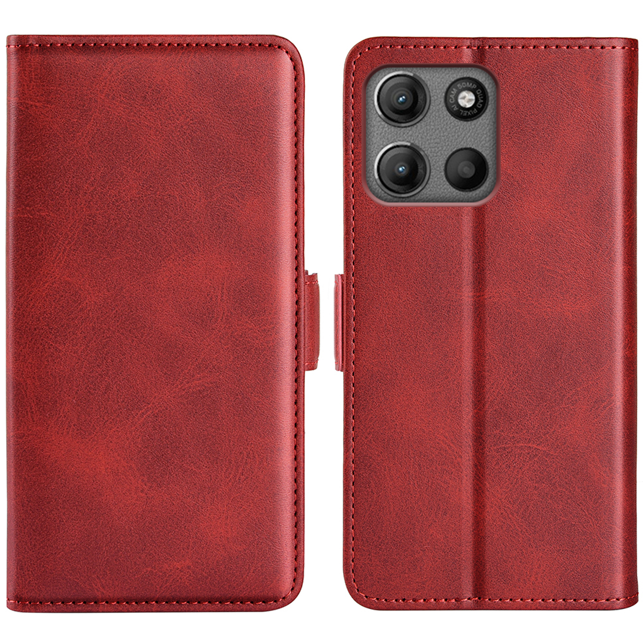 Een rode telefoonhoes, open en dicht. Beide zijden zijn effen rood leer.