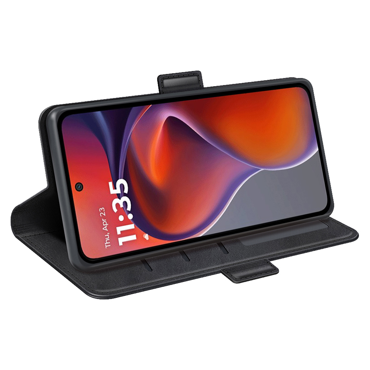Un téléphone noir dans un étui noir avec l'heure affichée : 11 h 35.