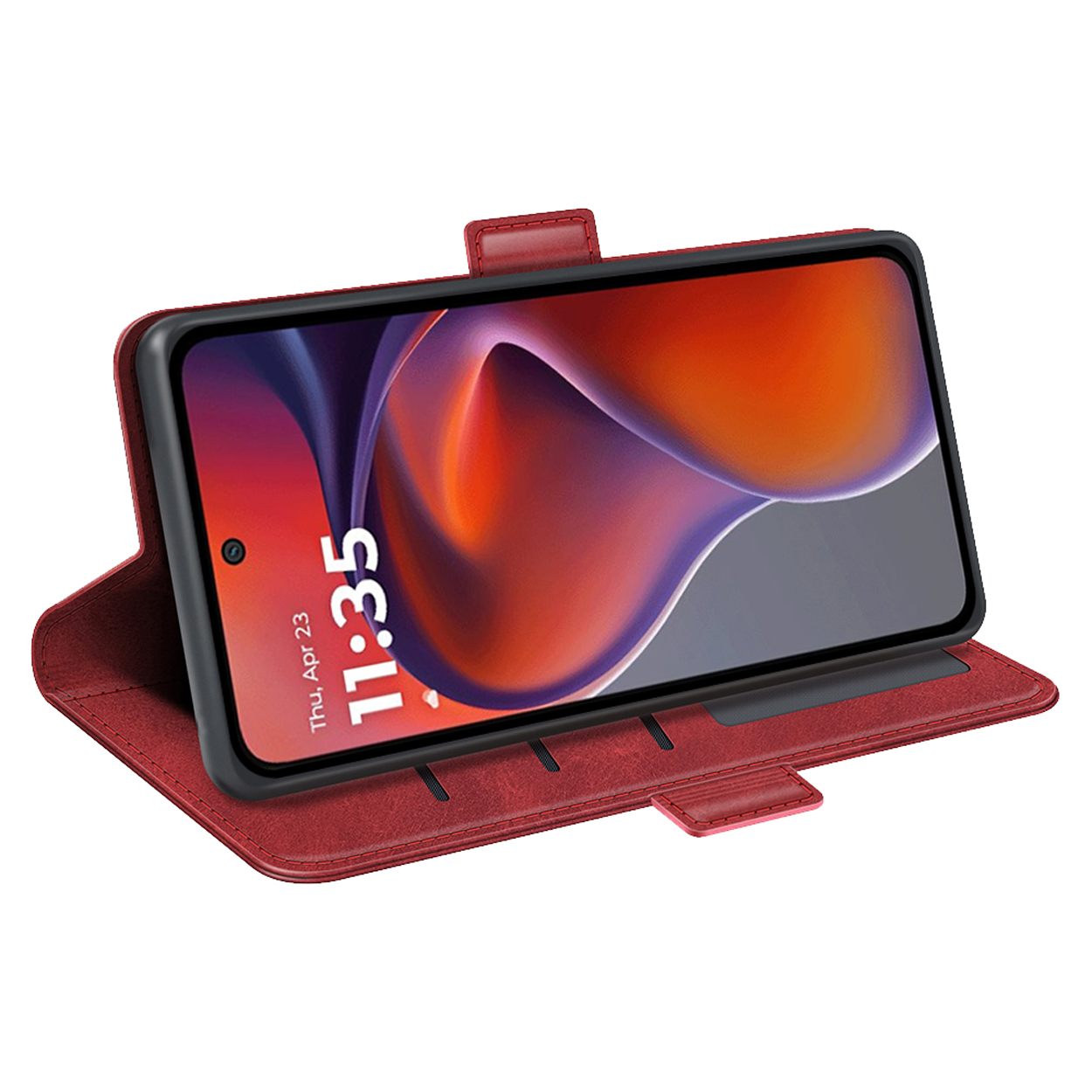 Een telefoonhoesje open, met de telefoon en sleuven voor kaarten. De hoes is rood.