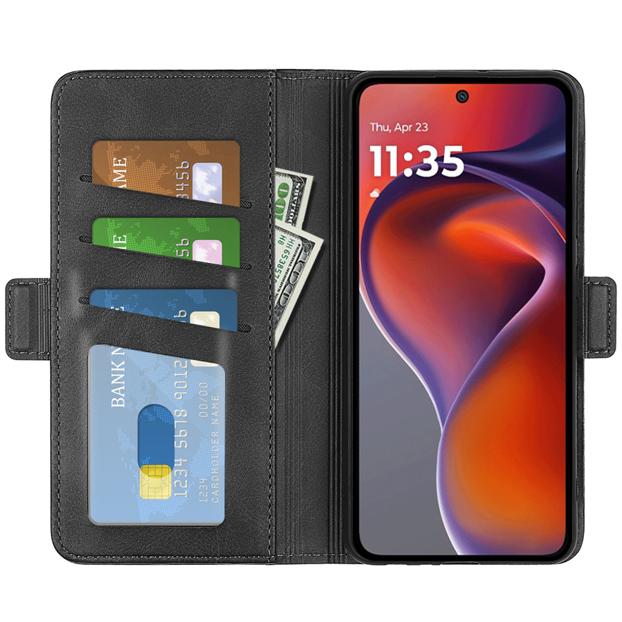 Étui de téléphone en cuir noir ouvert avec cartes et dollars américains. Un téléphone à l'intérieur.