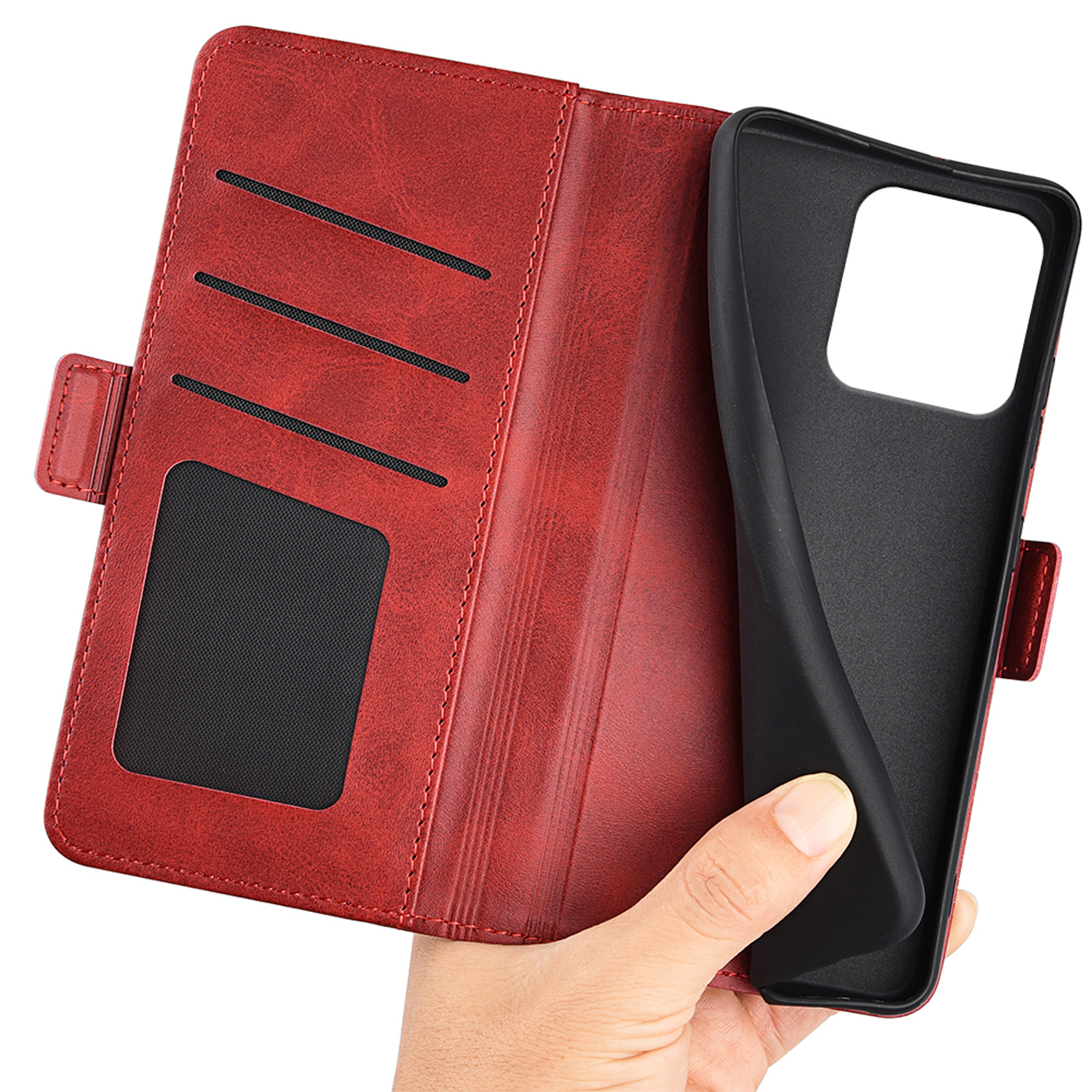 Rode telefoonhoes. De hoes is open en toont een zwart interieur, een kaartsleuf en de flap.