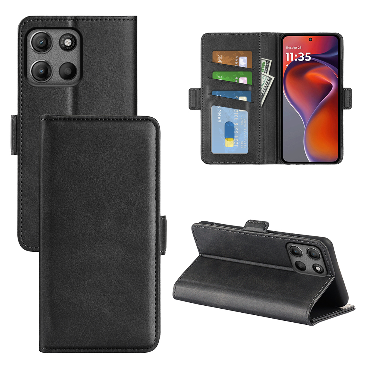 Étui de téléphone noir, fermé et ouvert. A l'intérieur, des cartes, de l'argent et un téléphone affichant l'heure sont visibles.