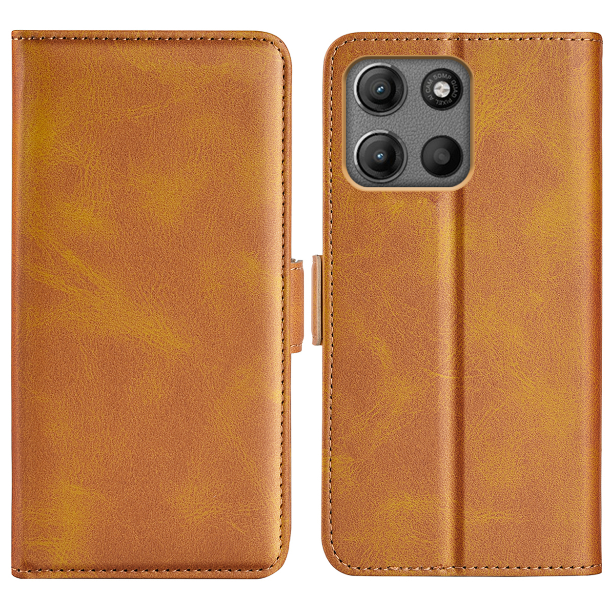 Een bruine telefoonhoes, open en dicht. Beide zijden zijn effen bruin leer.