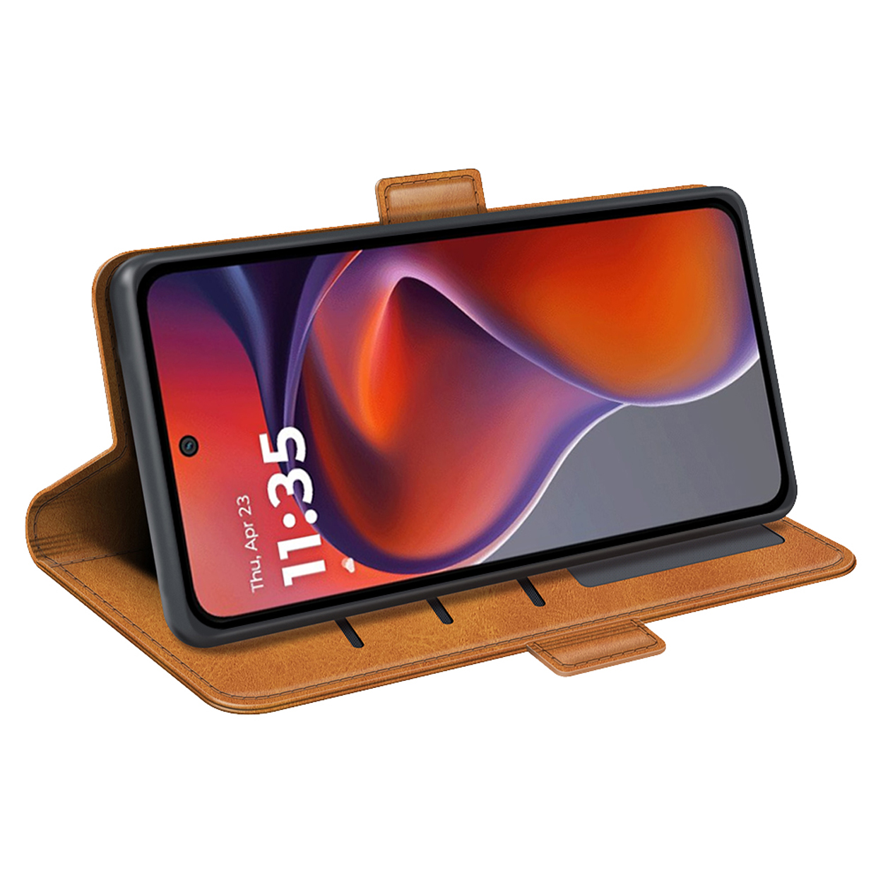 Open bruine leren telefoonhoes met een telefoon die 23 apr, 11:35 weergeeft.