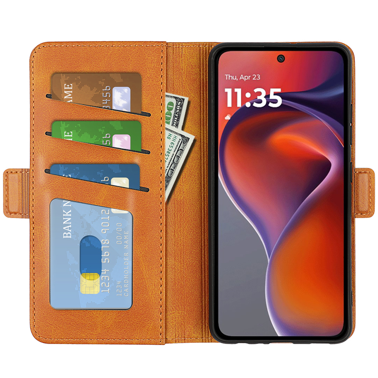 Een zwarte telefoonhoes met een ring en schermbeschermer.