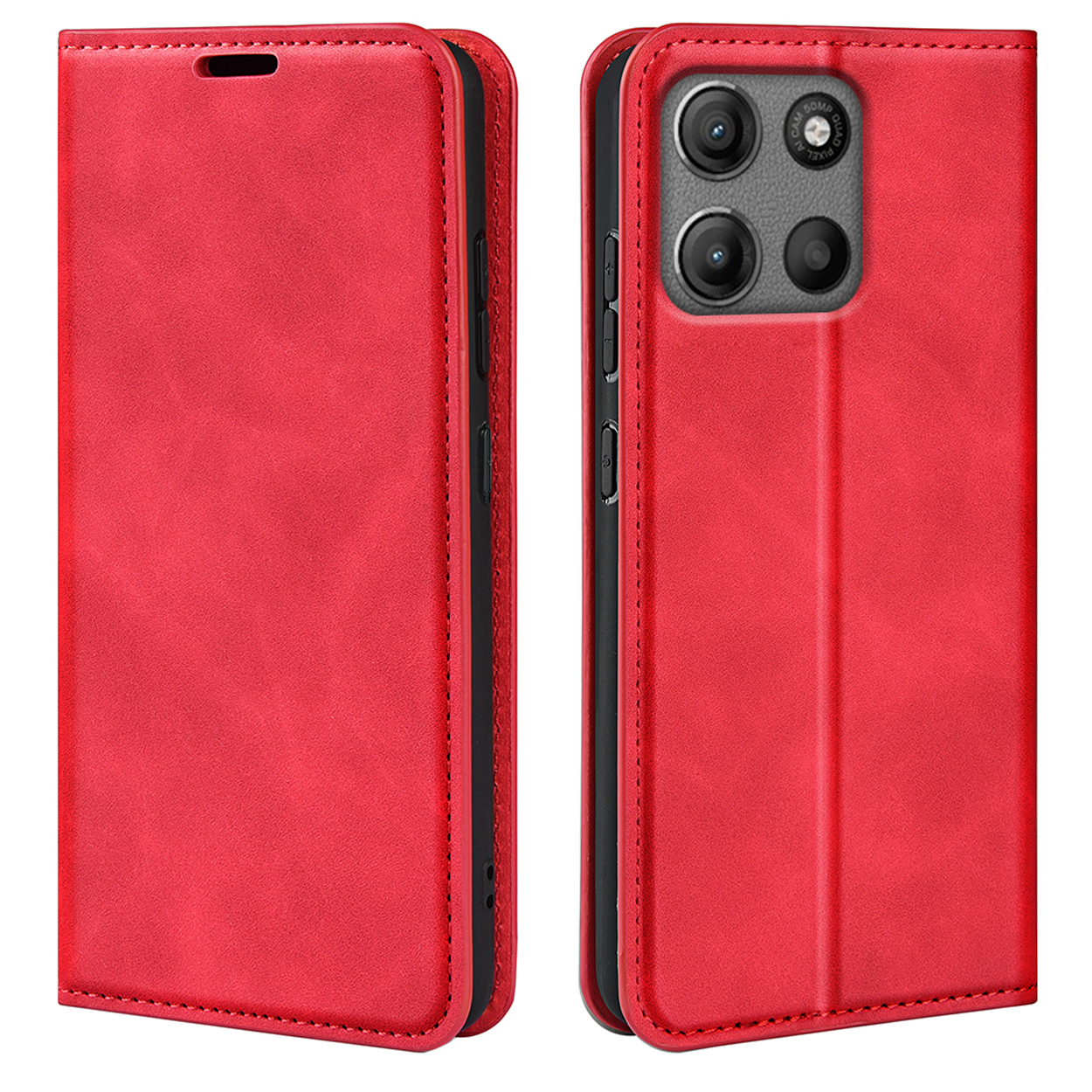 Een rode telefoonhoes, open en dicht getoond. De telefoonhoes is rood en heeft stiksels.