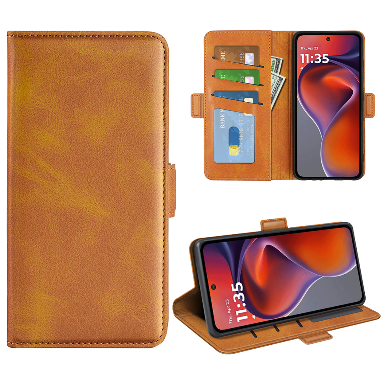 Bruine leren telefoonhoes met telefoon, kaarten en geld erin, in drie hoeken.