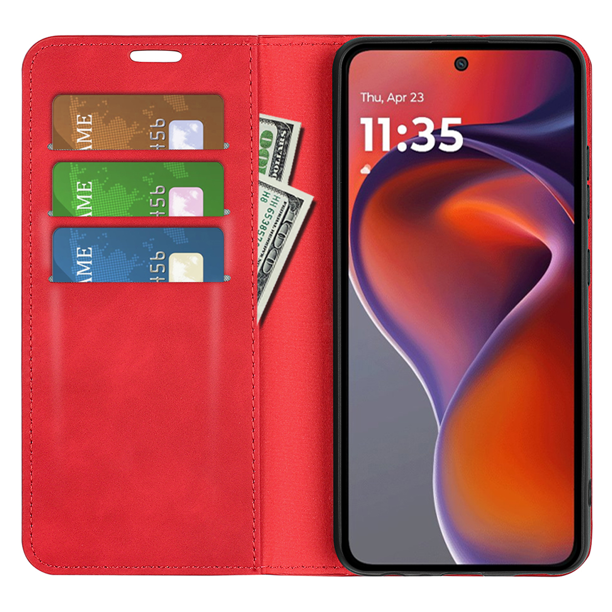 Een rode telefoonhoes met creditcard slots en een telefoon die de tijd 11:35 toont.