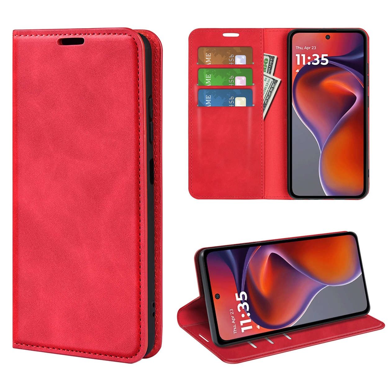 Een rode telefoonhoes, gesloten en open, met een telefoonscherm met kaarten en geld in de hoes.