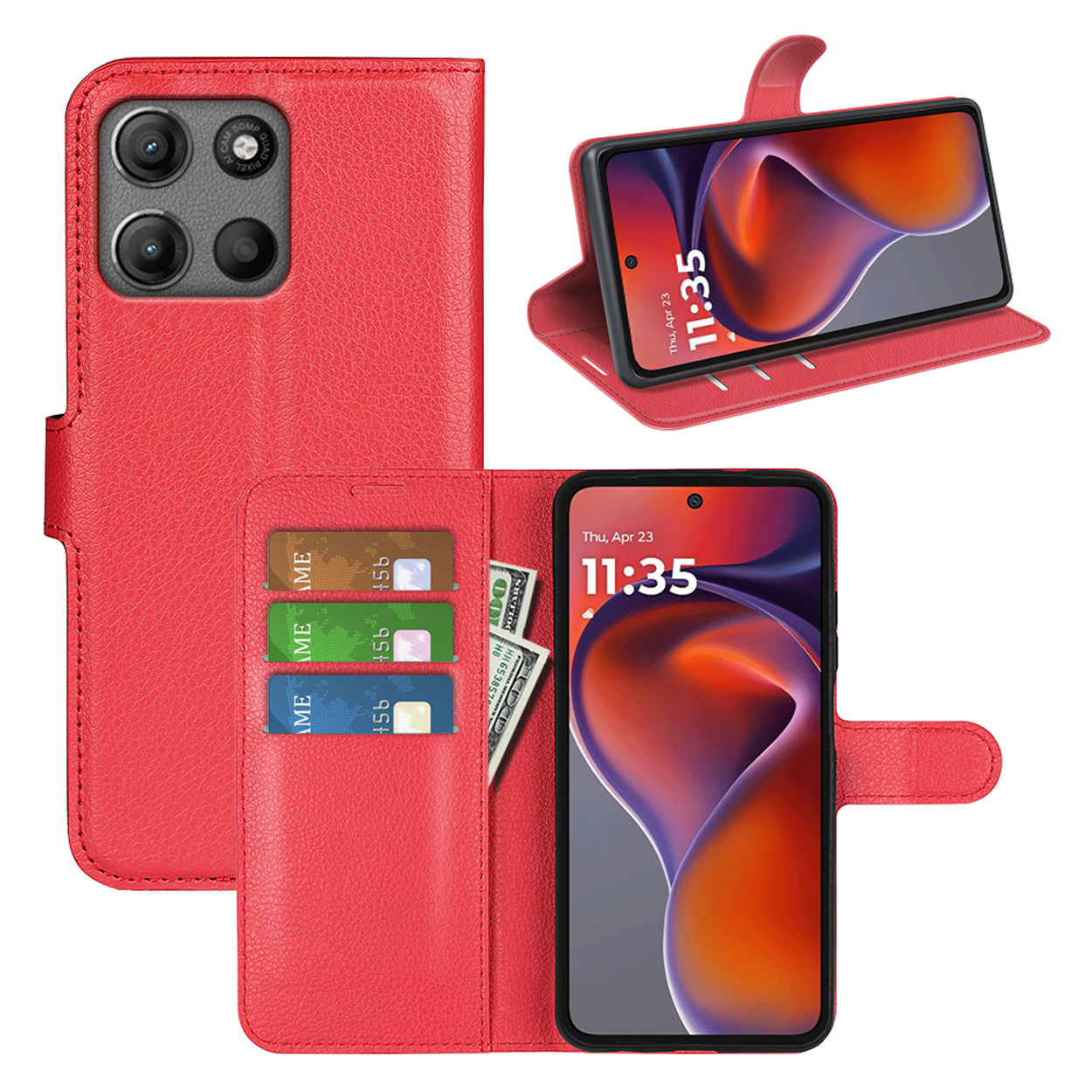 Rode telefoonhoes met creditcards en geld, telefoon met display aan. Witte achtergrond.