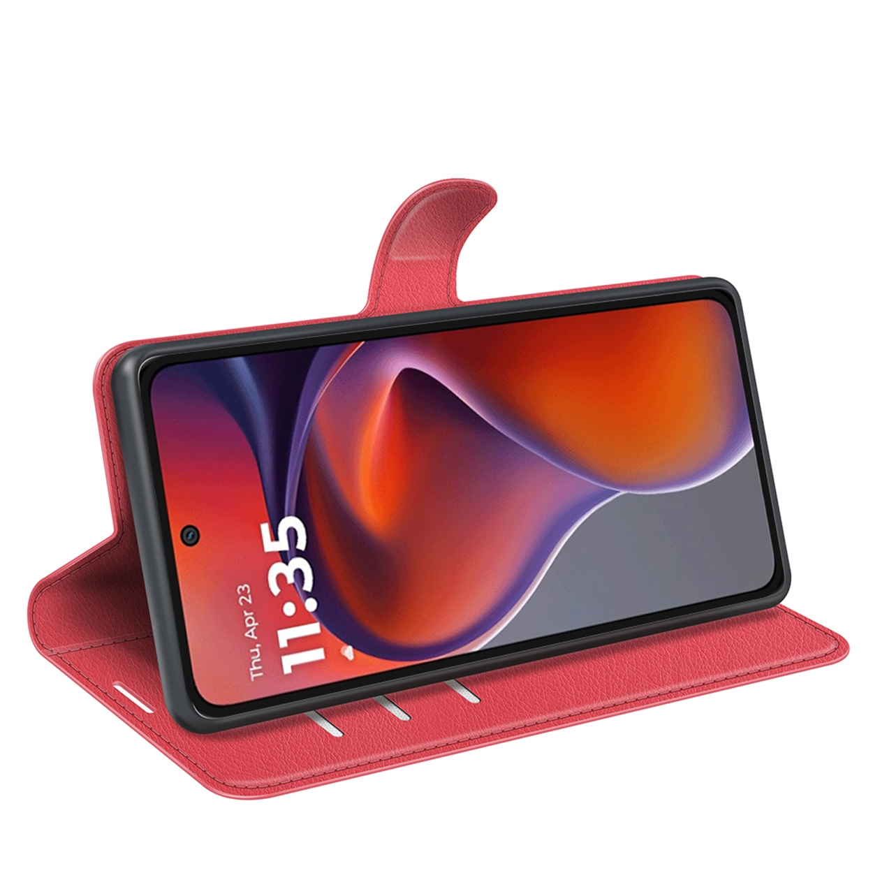 Een rode telefoonhoes met een telefoon met een scherm met datum en tijd.