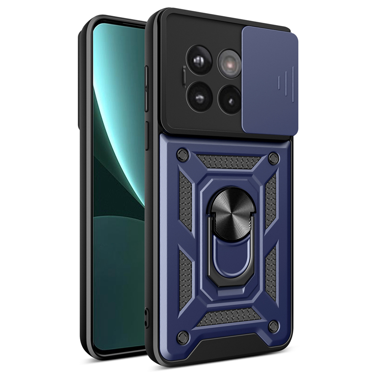 Een blauwzwarte telefoonhoes. De achterkant heeft een camera-uitsparing en een ringhouder.