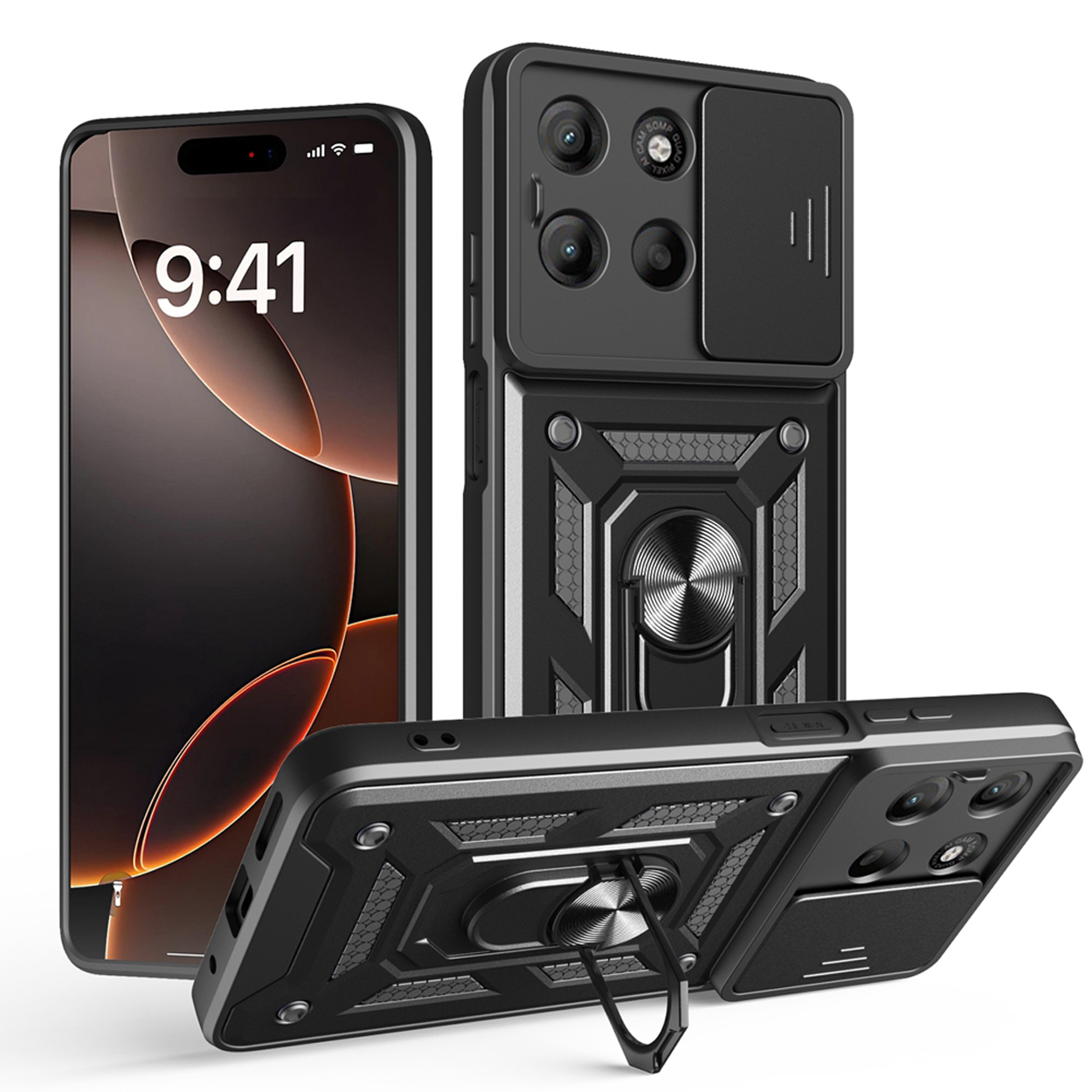 Étuis de téléphone noirs, un devant et deux autres dans différentes positions.