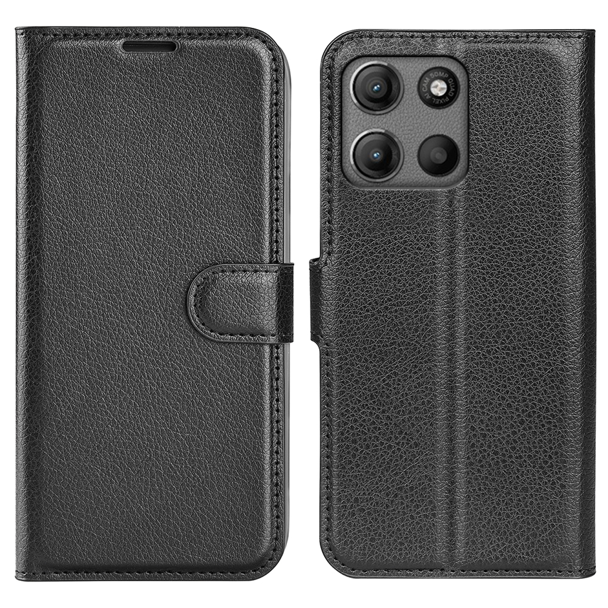 Black phone case closed on the left and open on the right with cameras.