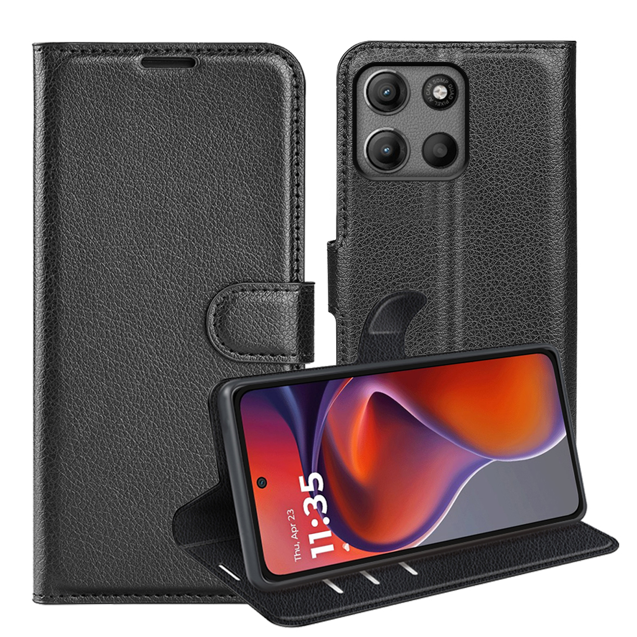 Black phone case, open, with phone inside. Phone shows the time.