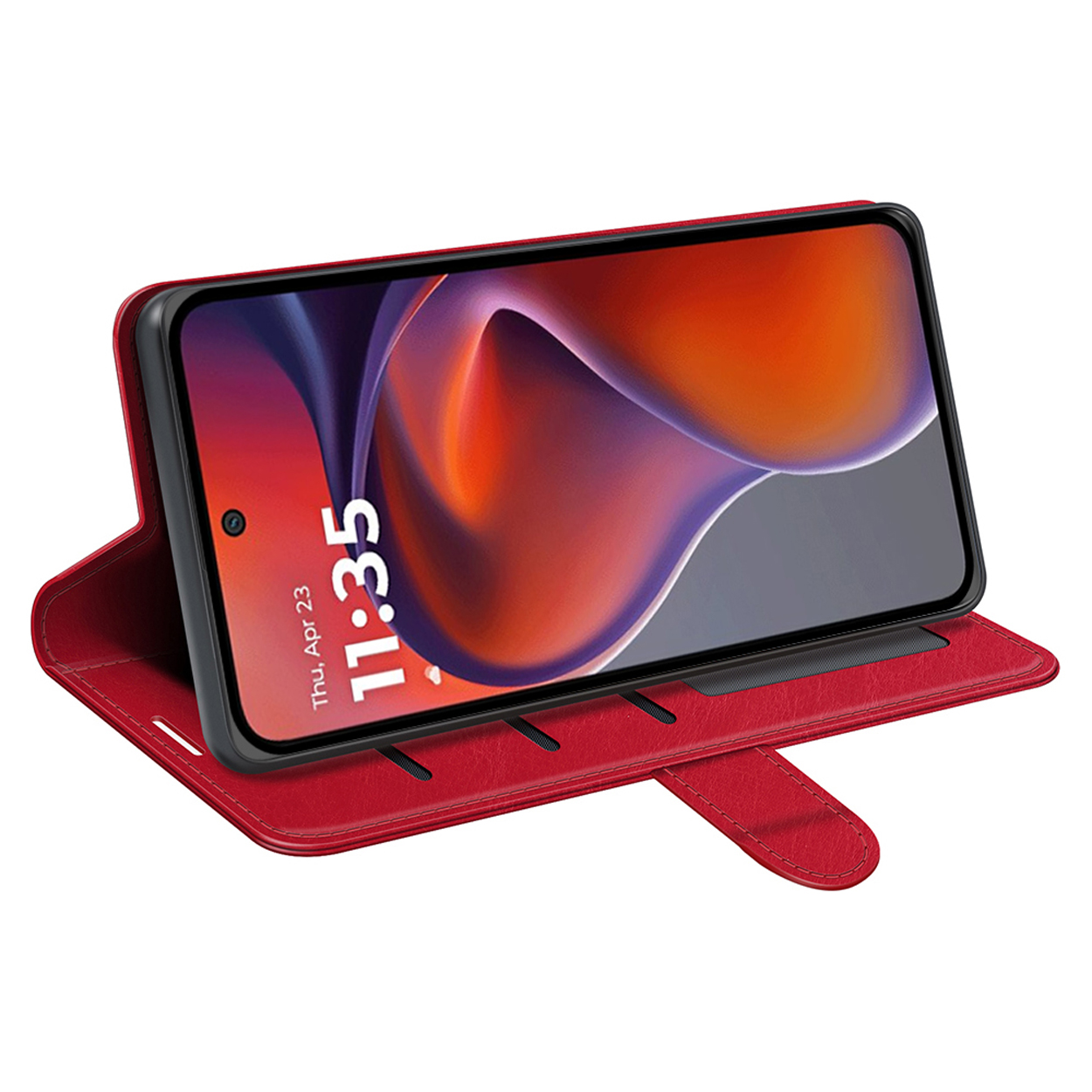 Une coque de téléphone rouge avec un écran affichant l'heure et la date.