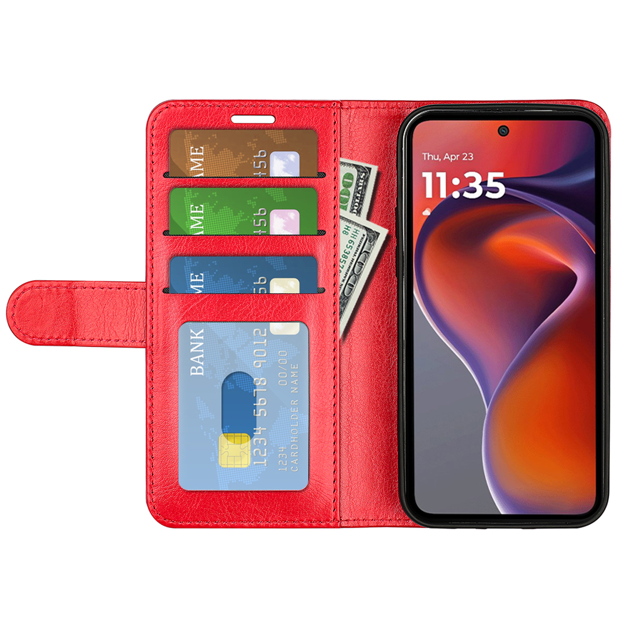 Étui de téléphone rouge avec téléphone, cartes et argent à l'intérieur, ouvert.