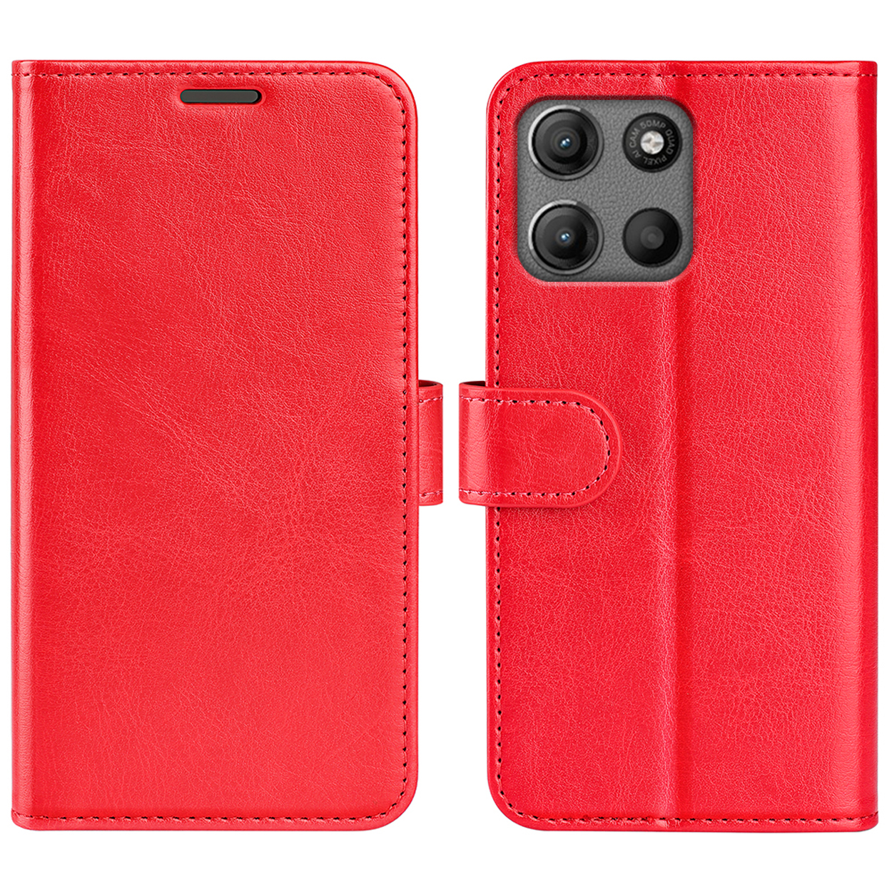 Coque de téléphone rouge, fermée et ouverte. Comporte une découpe caméra et un fermoir.
