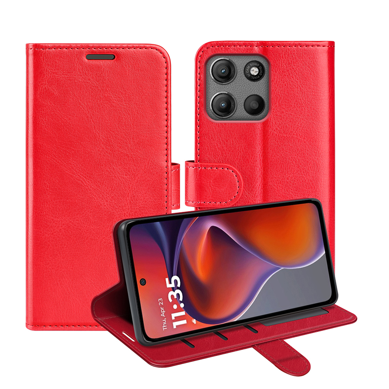 Un étui de téléphone rouge avec un téléphone dedans. L'écran affiche l'heure. L'étui est rouge.