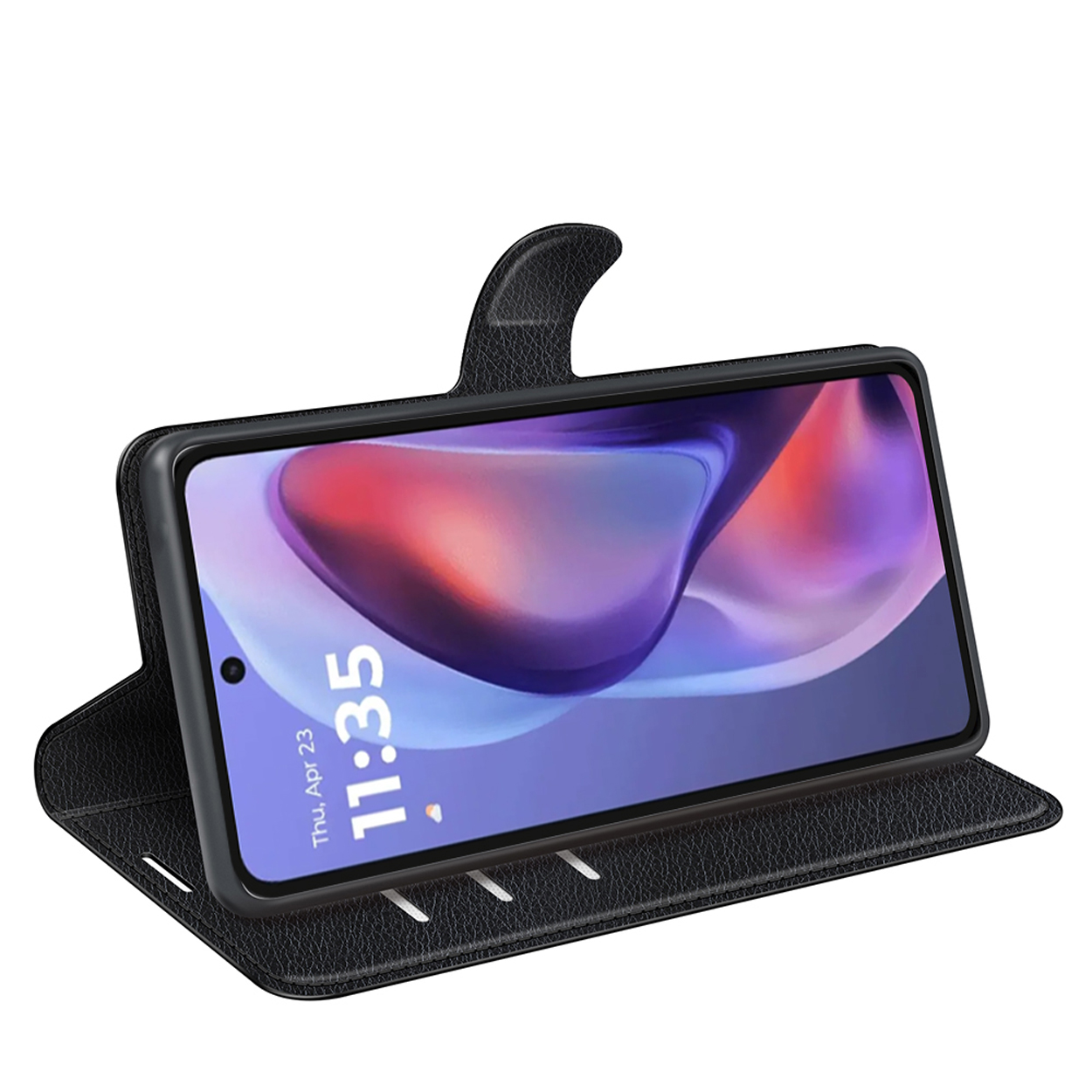 Black phone case with phone displaying the time. The phone is tilted and in the case.