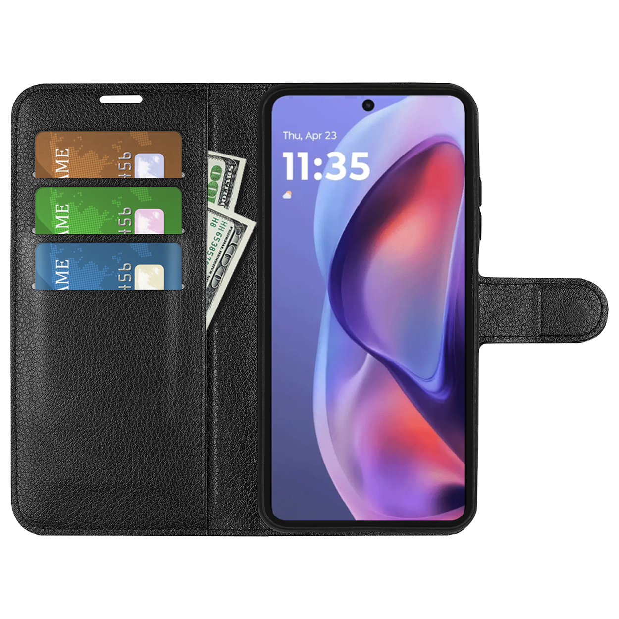 Black phone case with cards, money, and a phone showing the time.
