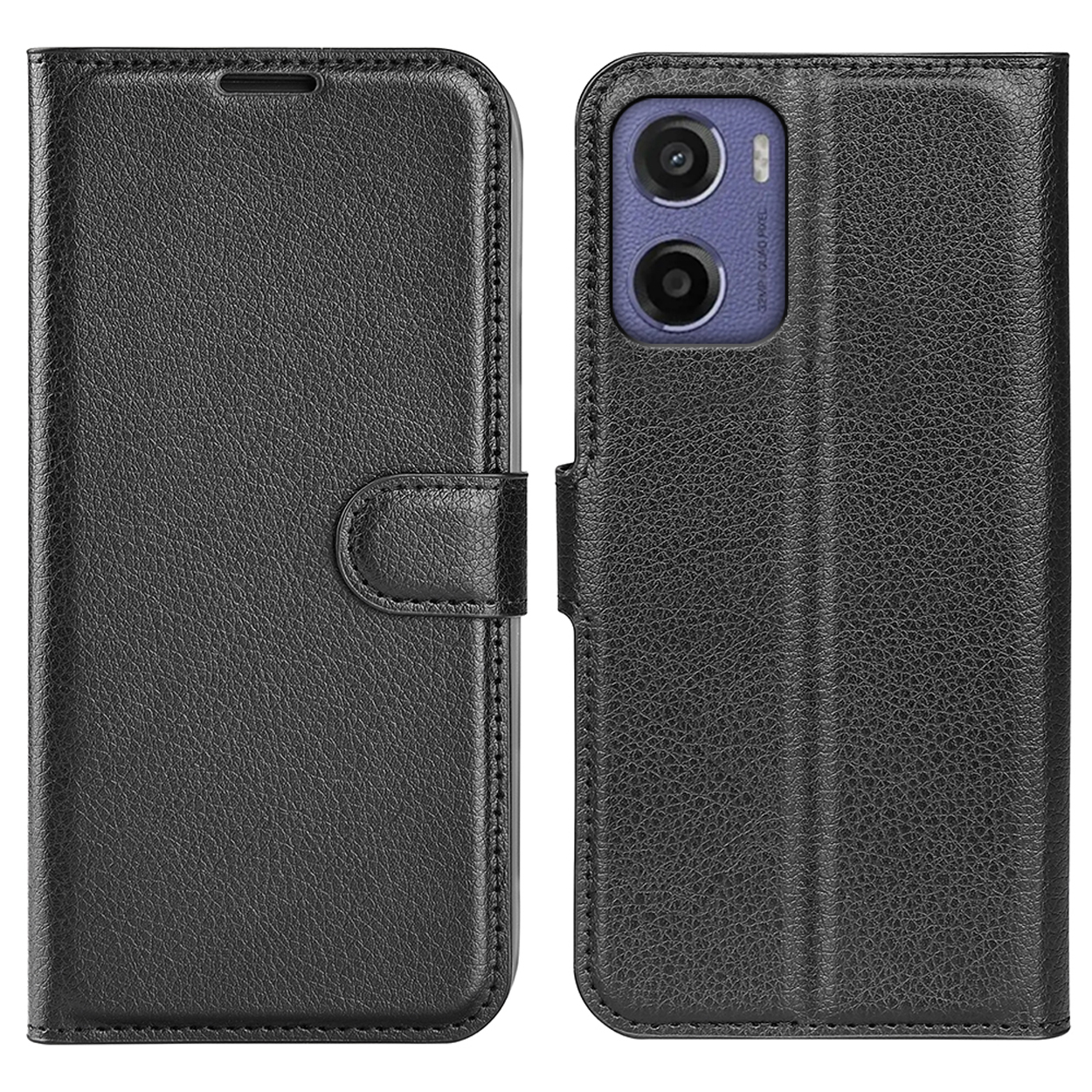 A black phone case, closed, on a white background.
