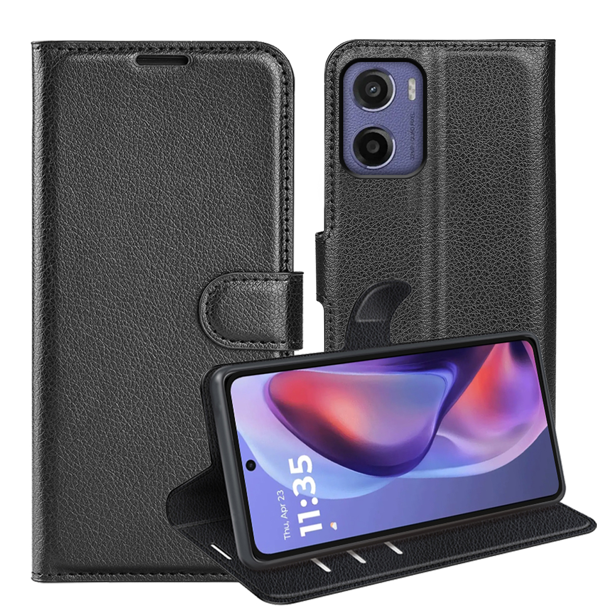 Black phone case. The phone screen shows the time. The phone is open.