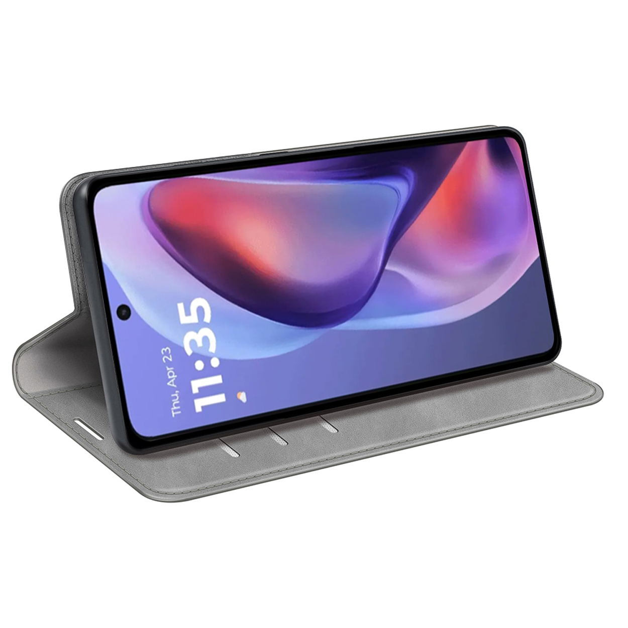 Een grijze telefoonhoes met een scherm dat de tijd en datum weergeeft.