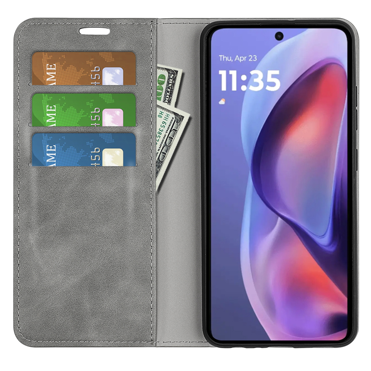 Een grijze telefoonhoes toont een telefoon met kaarten en geld.