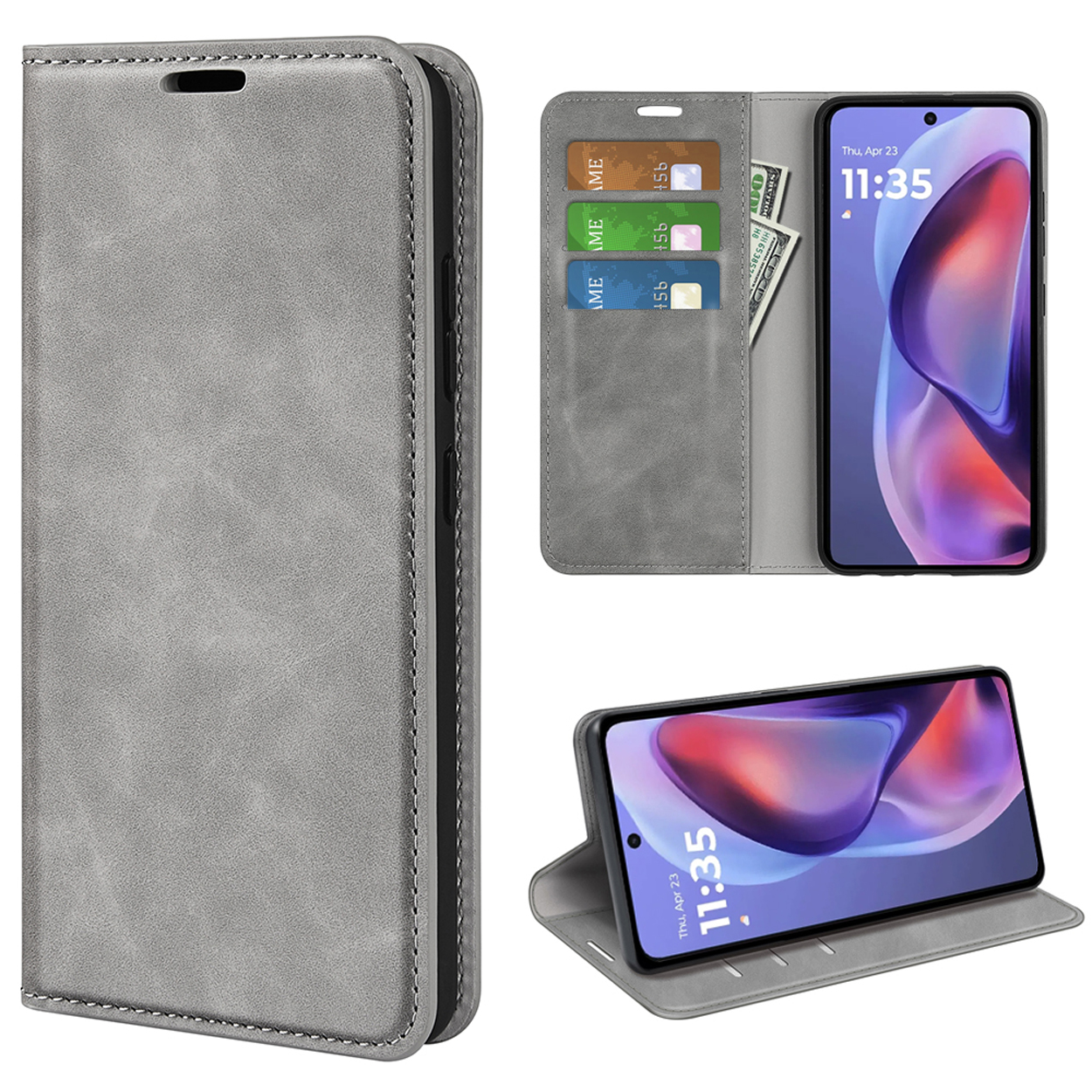 Grijze leren telefoonhoes met telefoon, kaarten en geld erin, in drie hoeken.
