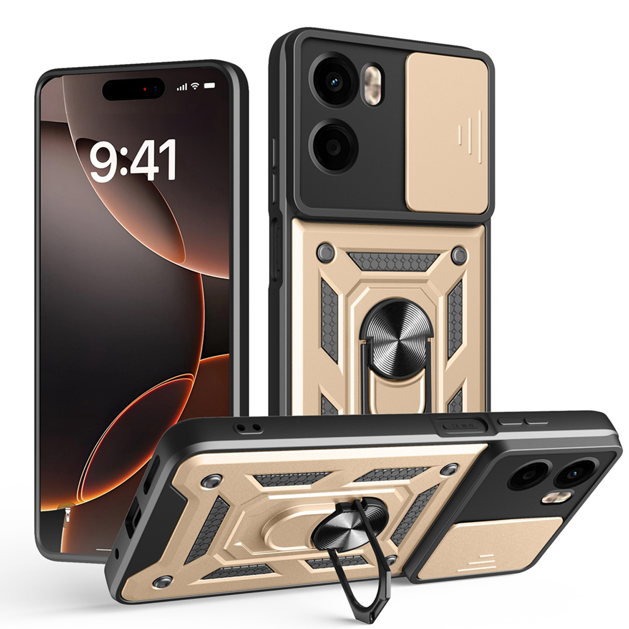 Goud en zwarte telefoonhoes met ringstandaard. Telefoon en hoes in verschillende hoeken.