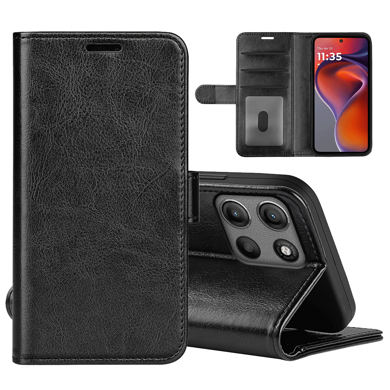 Étui de téléphone noir. Le téléphone est ouvert, montrant son écran et l'arrière.