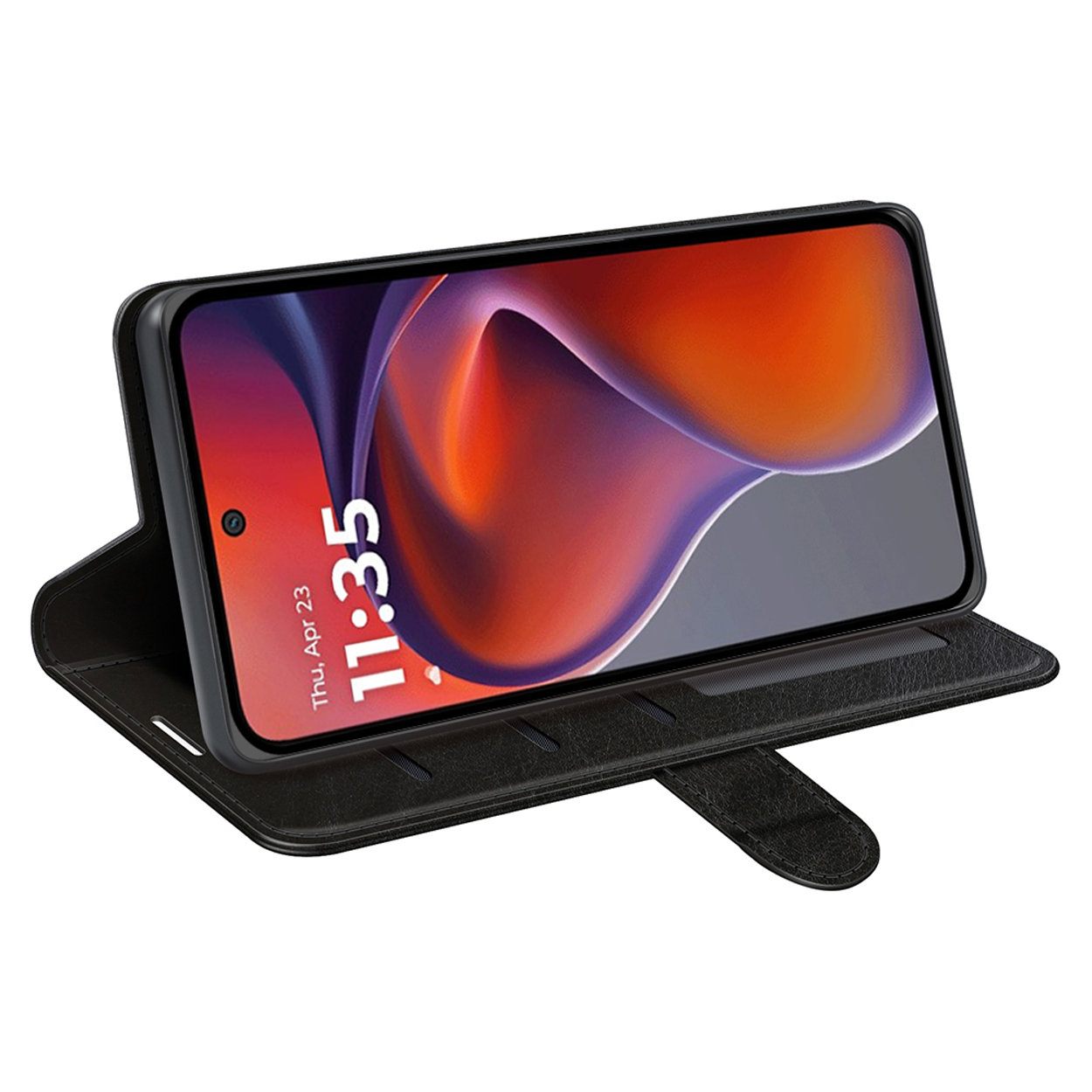 Un étui de téléphone noir avec un téléphone affichant l'heure en position ouverte.