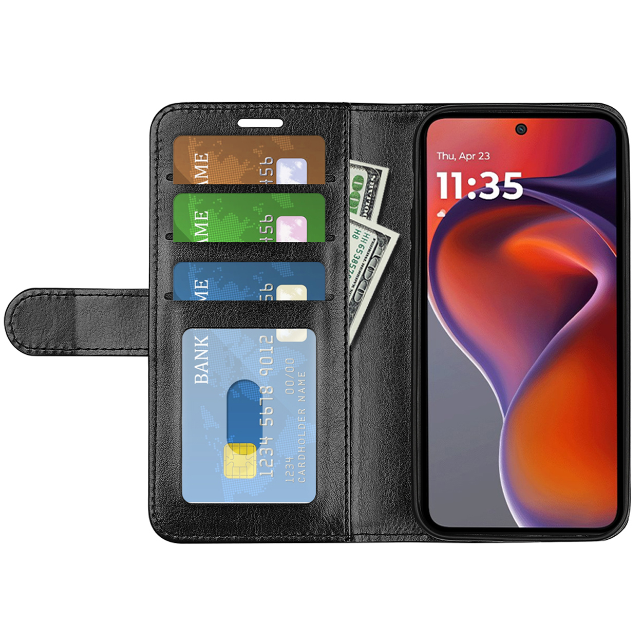Une coque de téléphone avec un portefeuille et un téléphone avec affichage de l'heure.