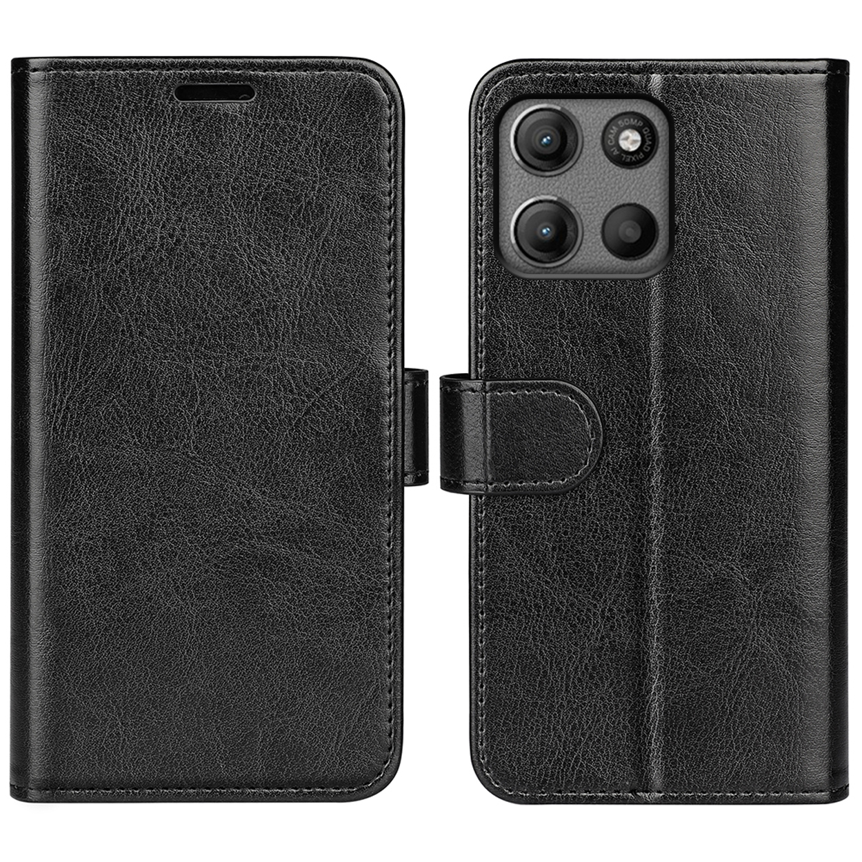 Étui de téléphone en cuir noir, ouvert et fermé, montrant la caméra et l'écran.