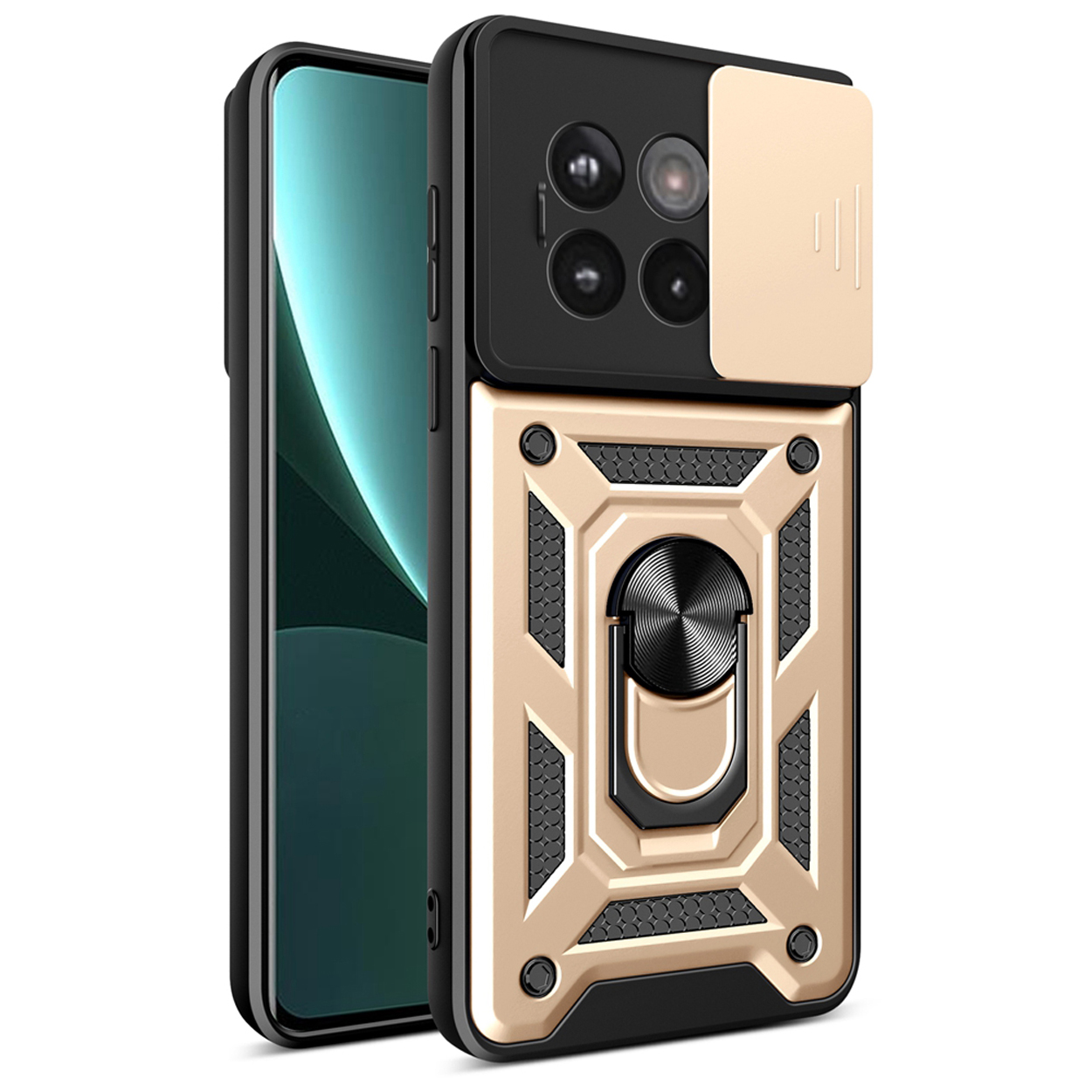 Telefoonhoesje met een goud en zwart design. Een telefoon zit erin. Een ring zit achterop.