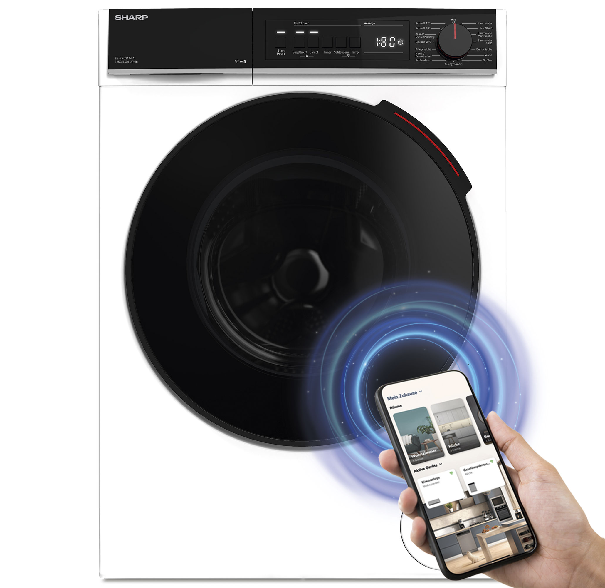 Eine weiße Waschmaschine mit schwarzer Tür und ein Telefon, das eine Küchenszene zeigt.
