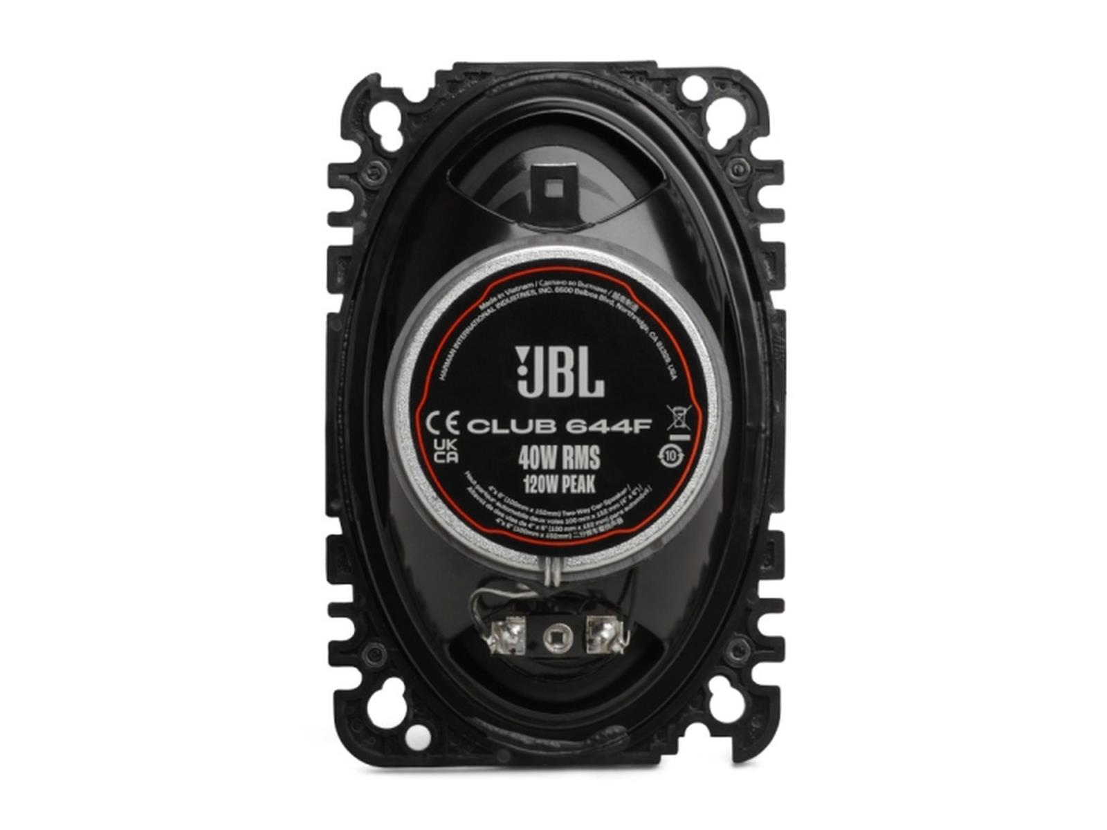 Un haut-parleur JBL noir de forme ronde et des étiquettes de texte sur fond blanc.