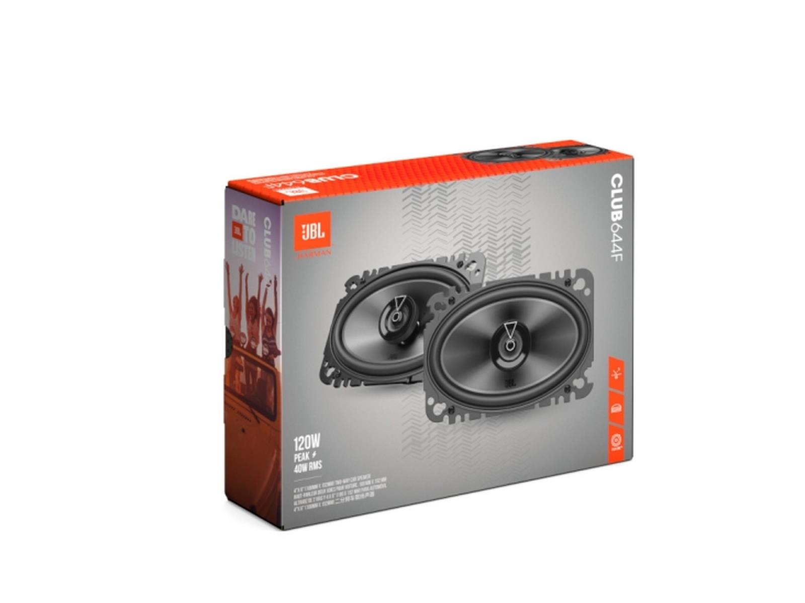 Boîte d'enceintes JBL Club 644F sur fond blanc, avec les enceintes visibles.