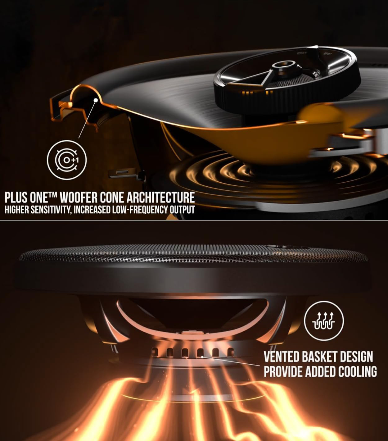 Gros plan d'un haut-parleur avec texte, montrant le cône du woofer et le panier ventilé.