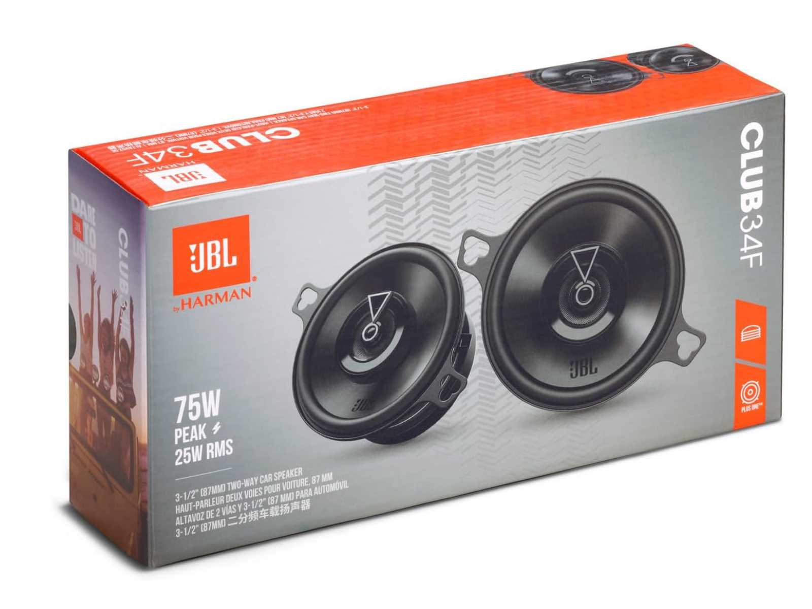 Une boîte d'enceintes JBL Club 34F avec des enceintes visibles.