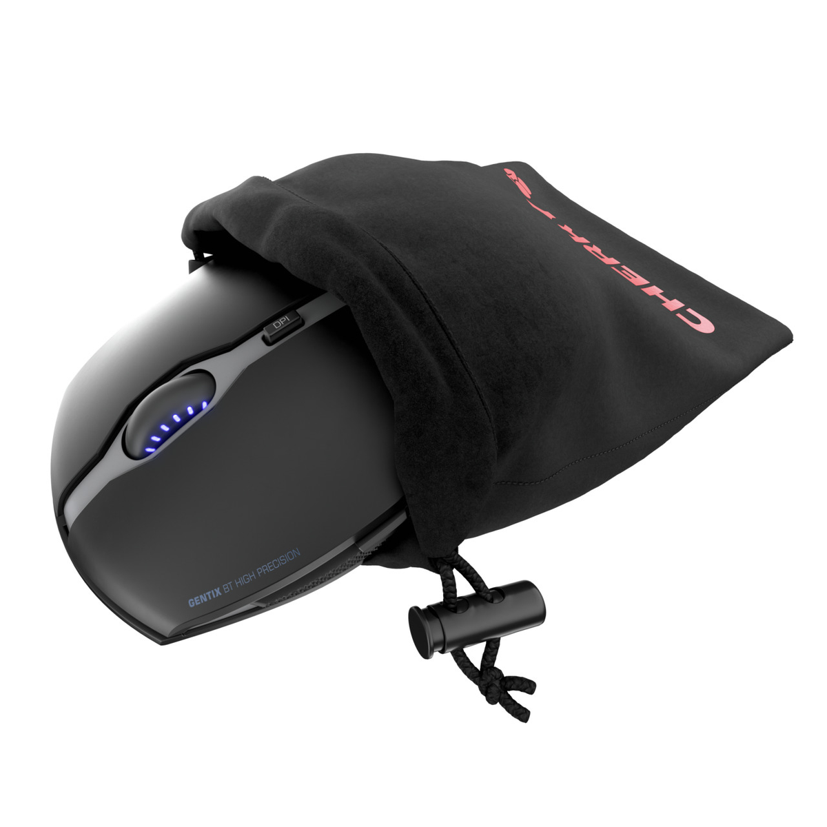 Black computer mouse in a black pouch. Mouse is gray. White background.