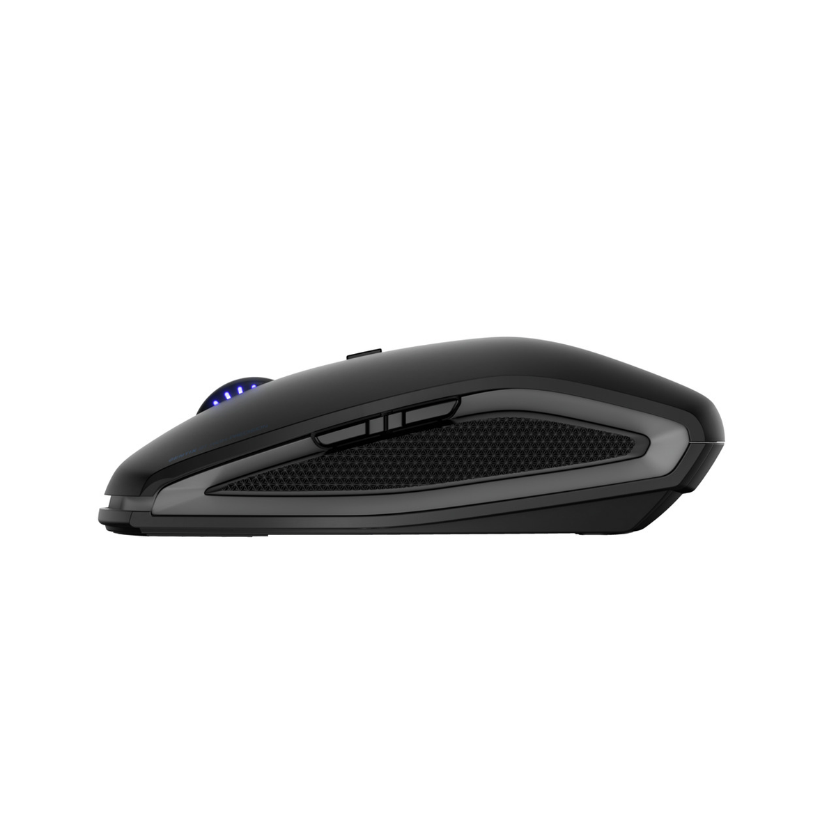 A black wireless mouse with a sleek design. It has buttons and a scroll wheel. The background is white.