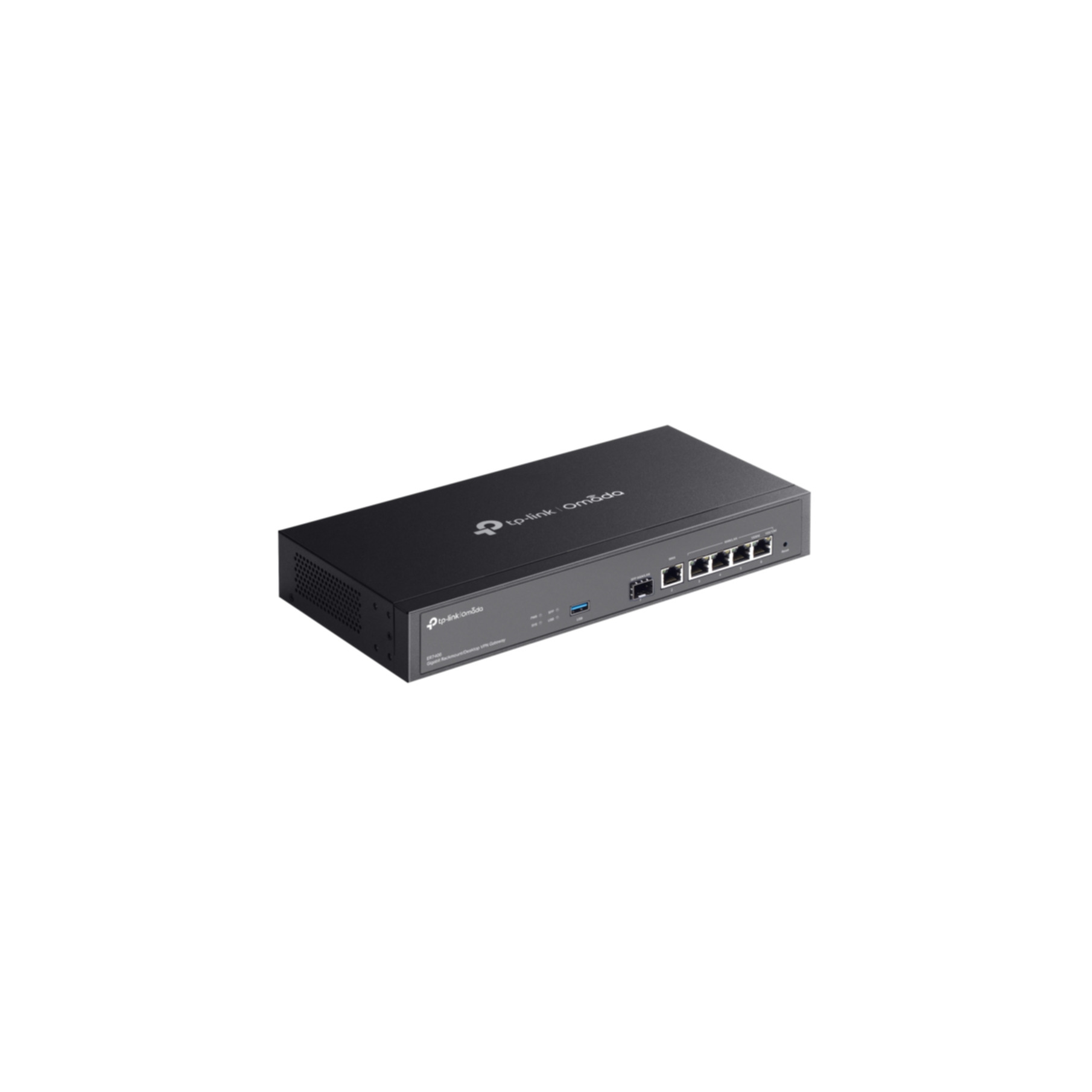 Een zwarte router met poorten wordt getoond. Hij heeft de tekst 'tp-link Omada'.