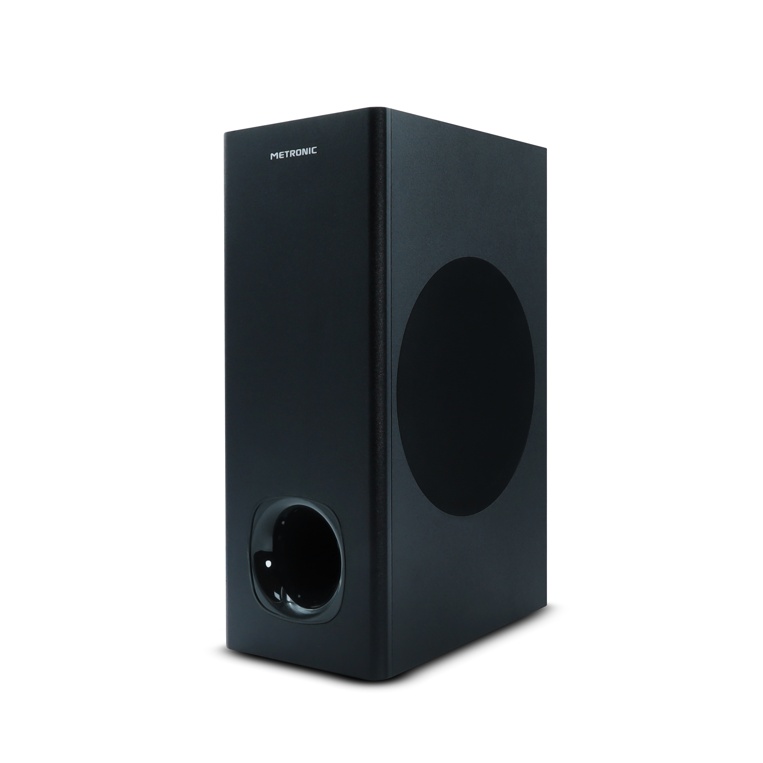 Subwoofer Metronic negro. Forma rectangular con gran abertura circular.