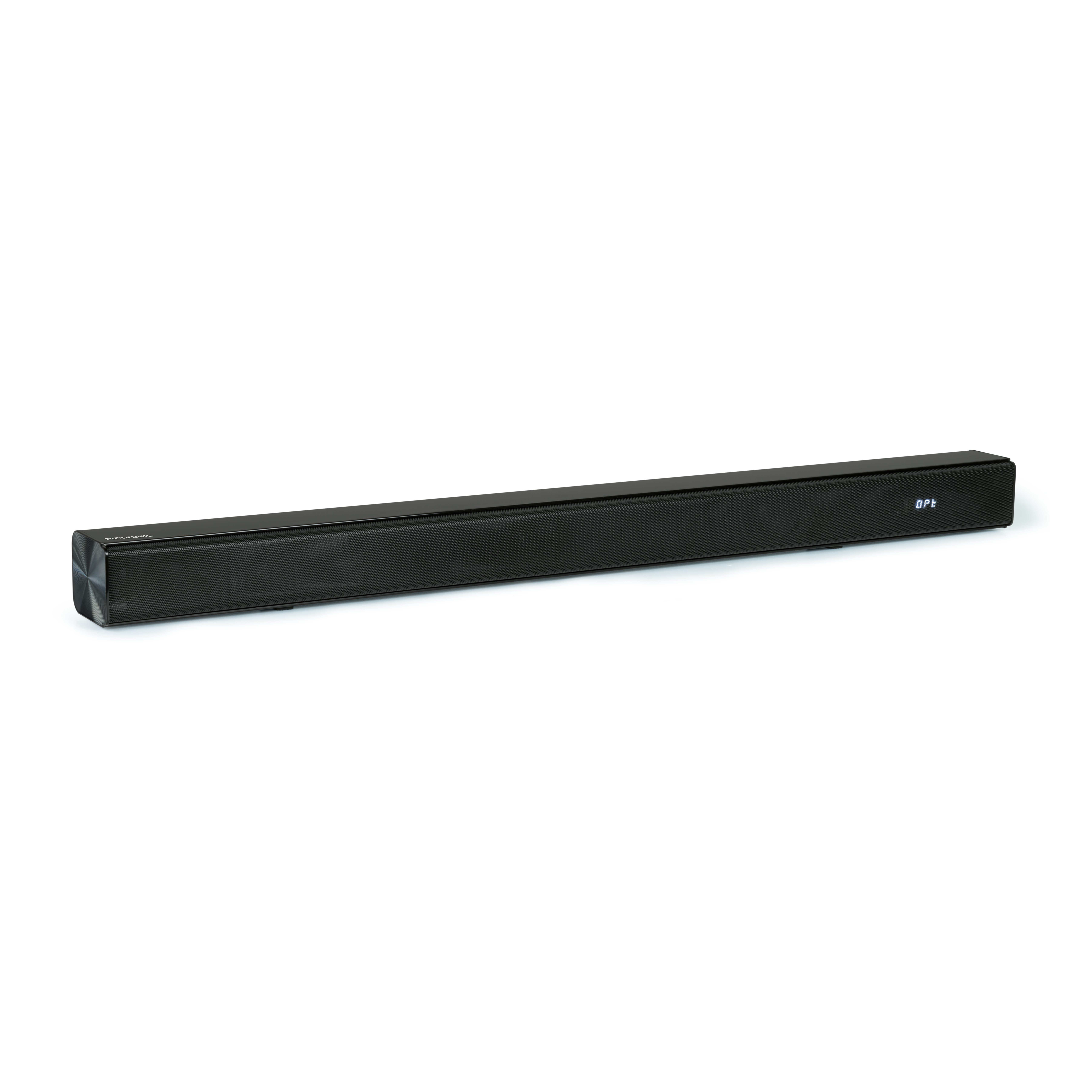 Barra de sonido negra con nombre de marca y pantalla digital. La barra es larga y delgada.