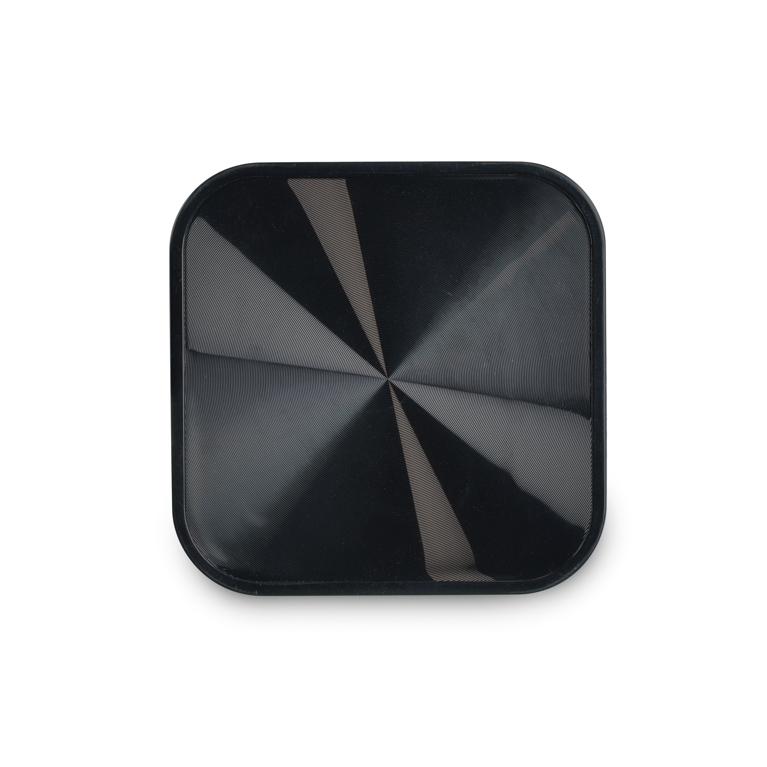 Un dispositivo negro, de forma cuadrada, con una superficie brillante que refleja la luz en un patrón.