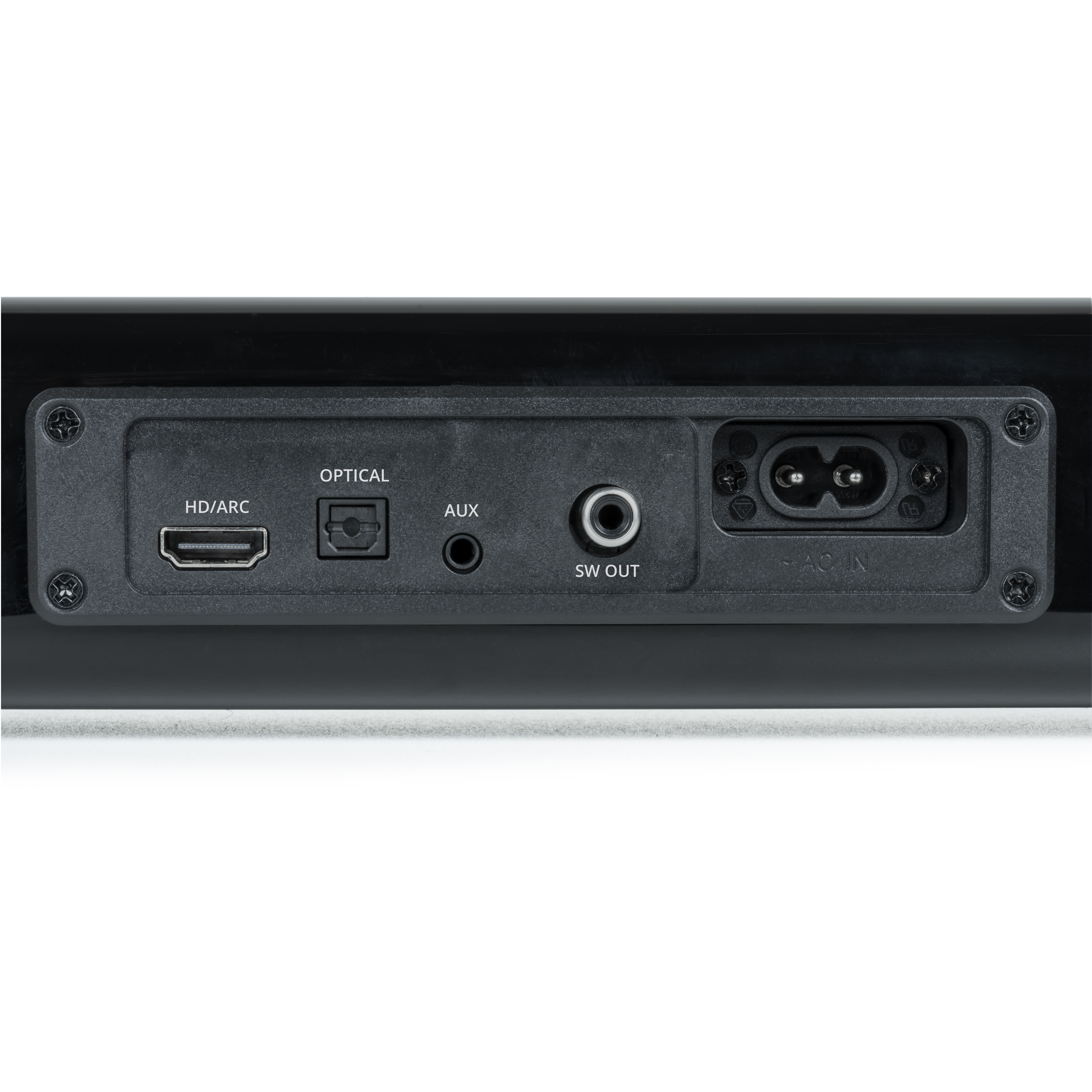 Panel trasero de una barra de sonido negra con puertos HDMI, Optical, AUX, SW OUT y AC IN. Tornillos visibles.