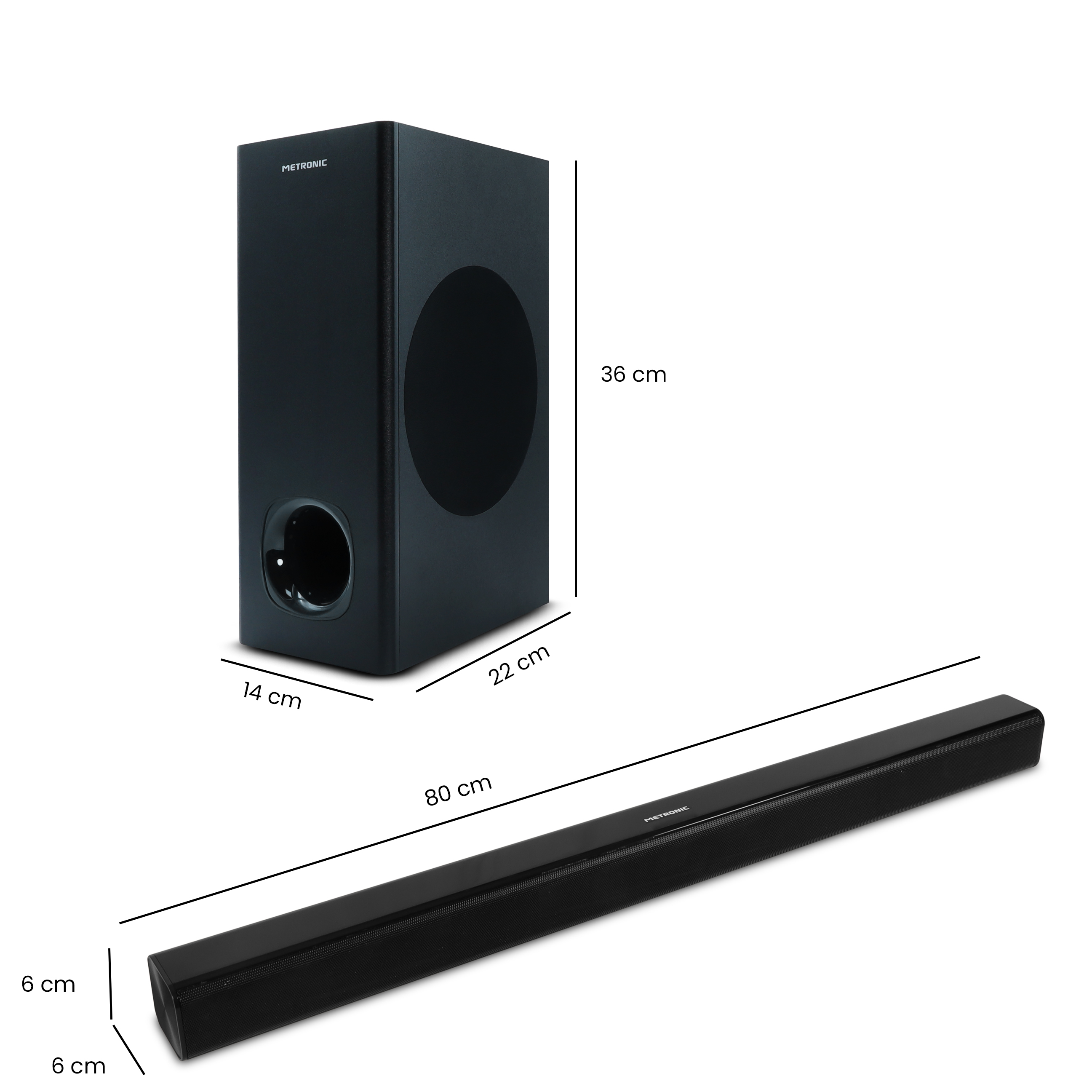 Barra de sonido y subwoofer negros. La barra es larga, el subwoofer un rectángulo alto.